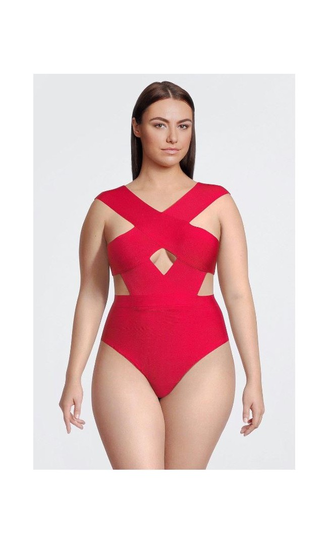 Red Plus Size Bandage Cross Front Cut Out Swimsuit