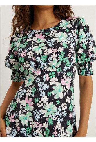 PETITE FLORAL SHIRRED CUFF DRESS