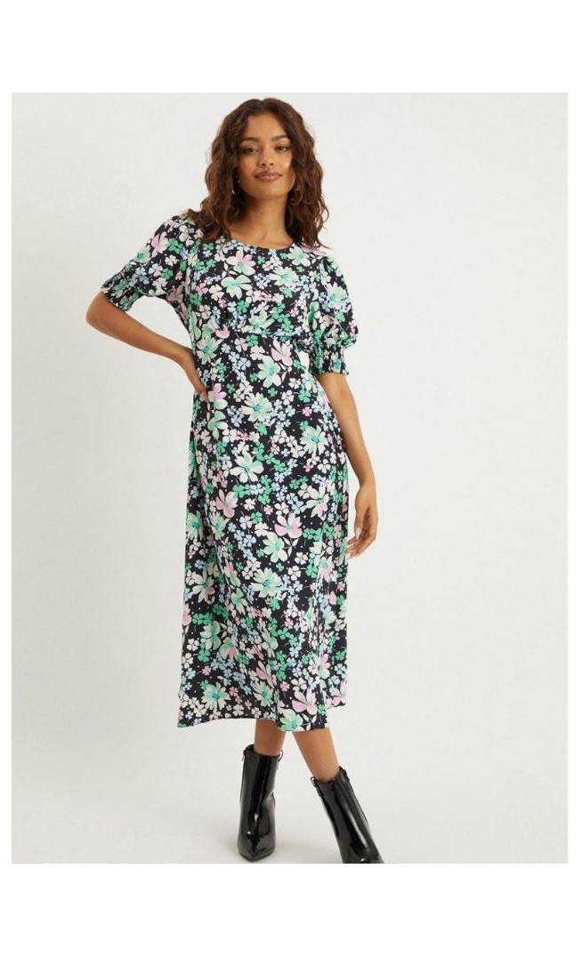 PETITE FLORAL SHIRRED CUFF DRESS