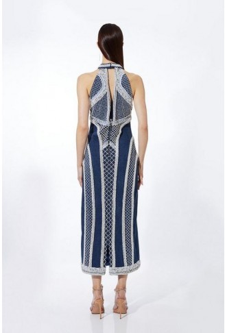 Embellished Pearl Denim Woven Maxi Dress