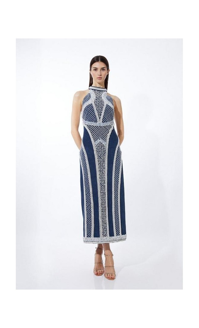 Embellished Pearl Denim Woven Maxi Dress