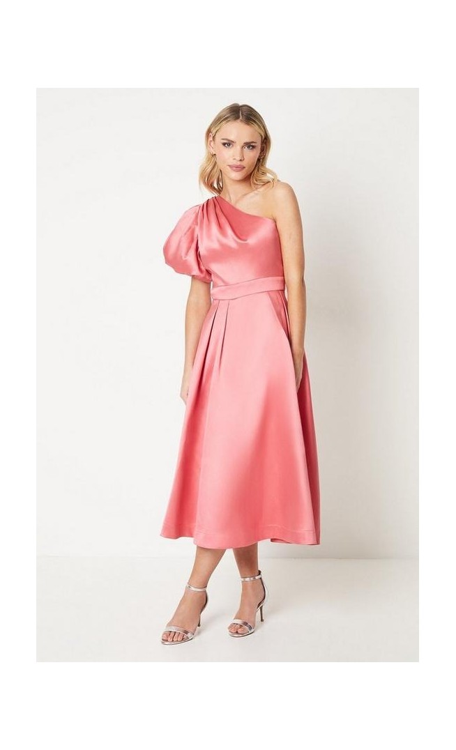 Petite One Shoulder Fit & Flare Midi Dress In Twill