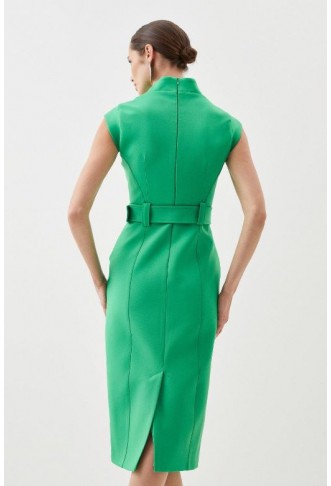 Compact Stretch Tailored Forever Belted Cap Sleeve Pencil Dress