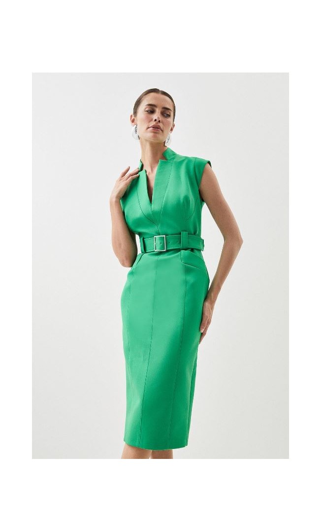 Compact Stretch Tailored Forever Belted Cap Sleeve Pencil Dress