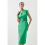 Compact Stretch Tailored Forever Belted Cap Sleeve Pencil Dress