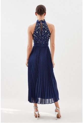 Navy Petite Lace Embellished Halter Pleated Woven Midi Dress