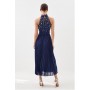 Navy Petite Lace Embellished Halter Pleated Woven Midi Dress