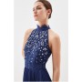 Navy Petite Lace Embellished Halter Pleated Woven Midi Dress