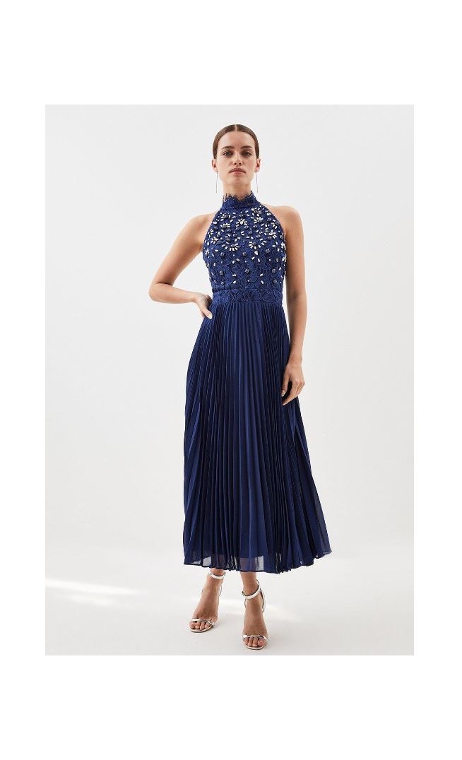 Navy Petite Lace Embellished Halter Pleated Woven Midi Dress