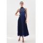 Navy Petite Lace Embellished Halter Pleated Woven Midi Dress