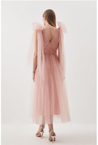 Tulle Tie Straps Plunge Woven Midi Dress