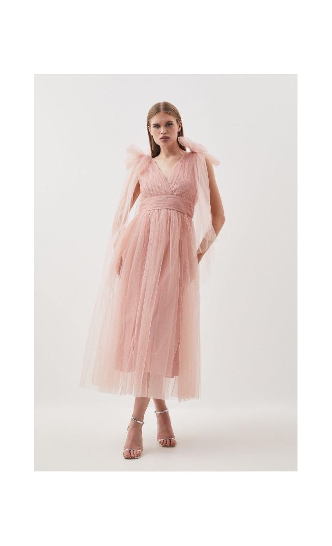 Tulle Tie Straps Plunge Woven Midi Dress