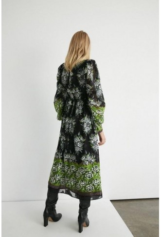 Border Print Chiffon Jacquard Midi Dress