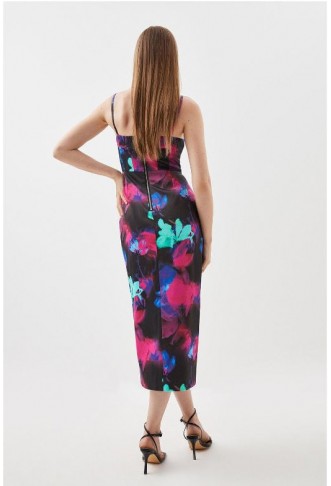 Italian Signature Stretch Floral Strappy Midi Pencil Dress