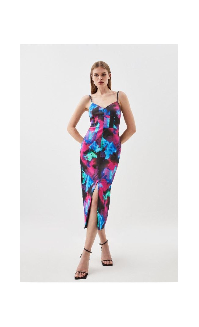 Italian Signature Stretch Floral Strappy Midi Pencil Dress