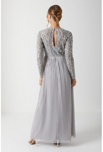 Pearl Embellished Long Sleeve Pleated Bridesmaids Maxi Dress