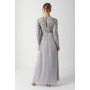 Pearl Embellished Long Sleeve Pleated Bridesmaids Maxi Dress