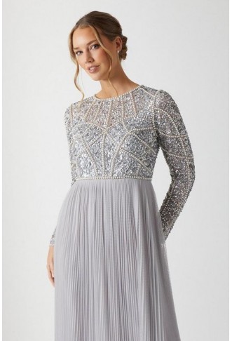 Pearl Embellished Long Sleeve Pleated Bridesmaids Maxi Dress