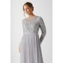 Pearl Embellished Long Sleeve Pleated Bridesmaids Maxi Dress