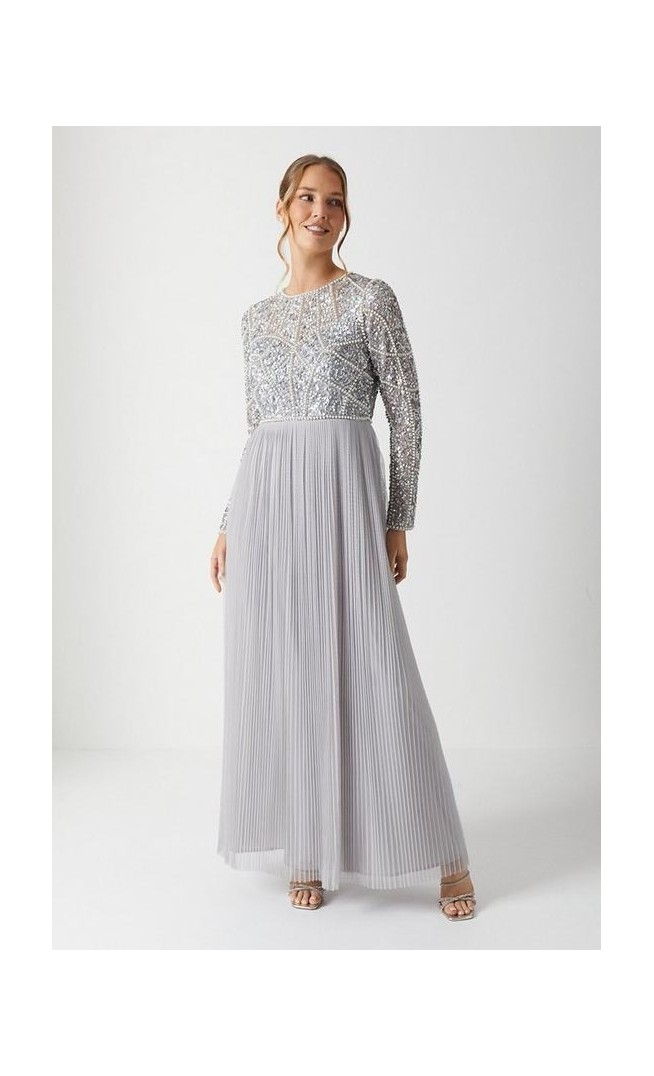 Pearl Embellished Long Sleeve Pleated Bridesmaids Maxi Dress