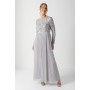 Pearl Embellished Long Sleeve Pleated Bridesmaids Maxi Dress