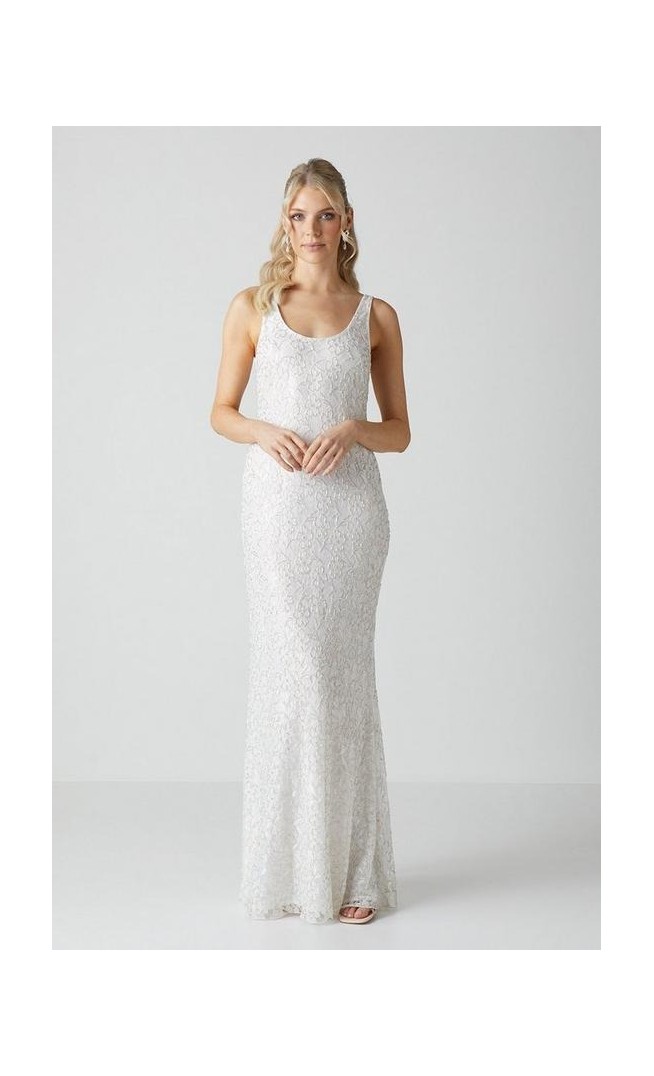 Embellished Lace Column Maxi Wedding Dress