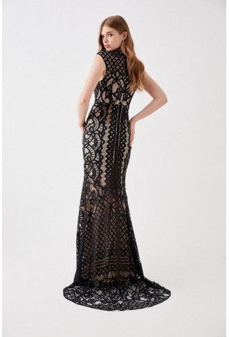 Cap Sleeve Lace Fishtail Hem Maxi Dress