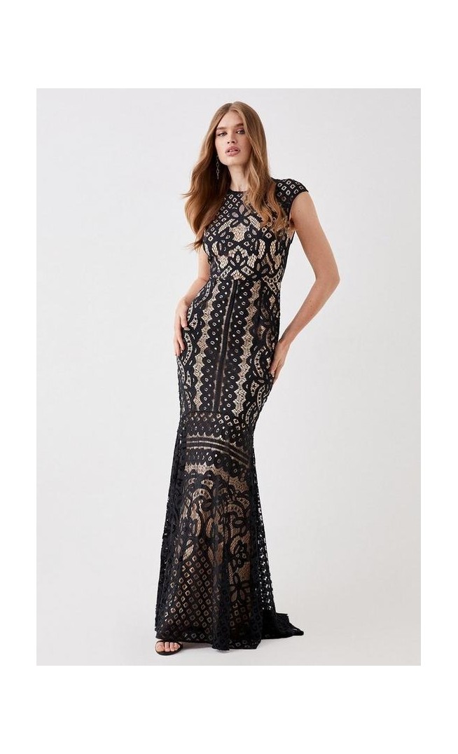 Cap Sleeve Lace Fishtail Hem Maxi Dress