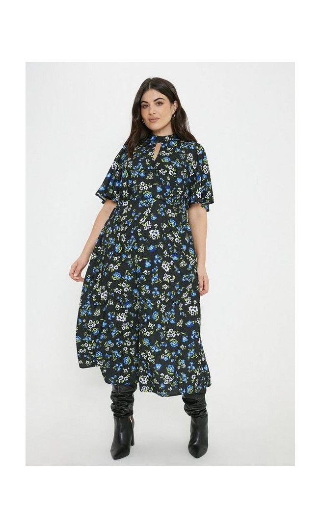 Curve Mono Floral Keyhole Angel Sleeve Midi Dress