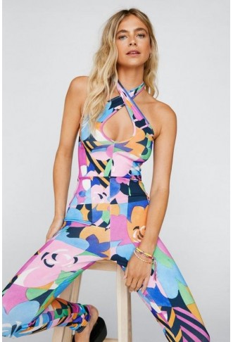 Floral Print Halter Neck Bodycon Jumpsuit