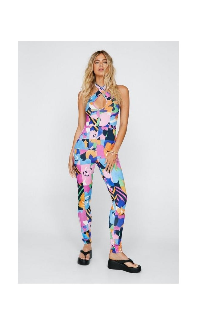 Floral Print Halter Neck Bodycon Jumpsuit