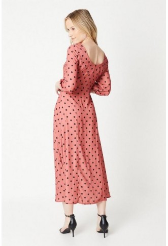 Spot Kitty Button Through Midi Dress 3/4 Sleeve