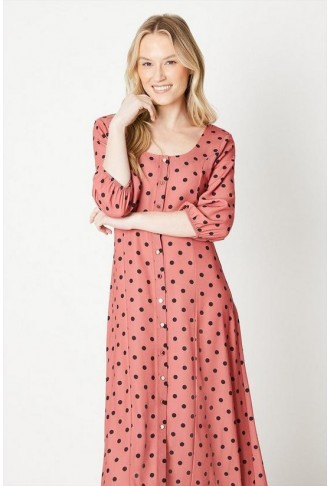 Spot Kitty Button Through Midi Dress 3/4 Sleeve