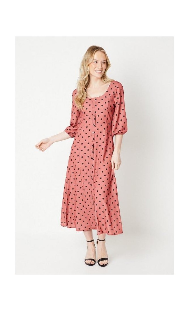 Spot Kitty Button Through Midi Dress 3/4 Sleeve