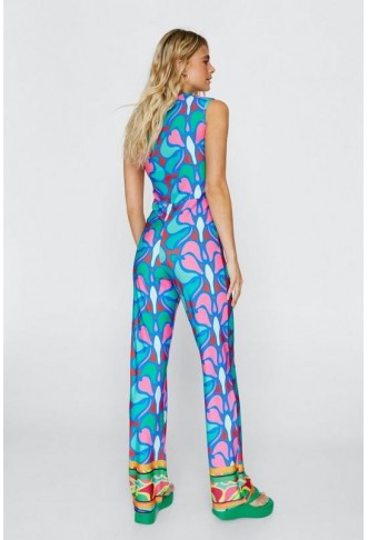 Abstract Border Print V Neck Jumpsuit