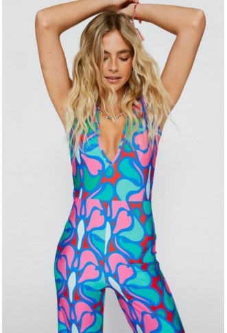 Abstract Border Print V Neck Jumpsuit