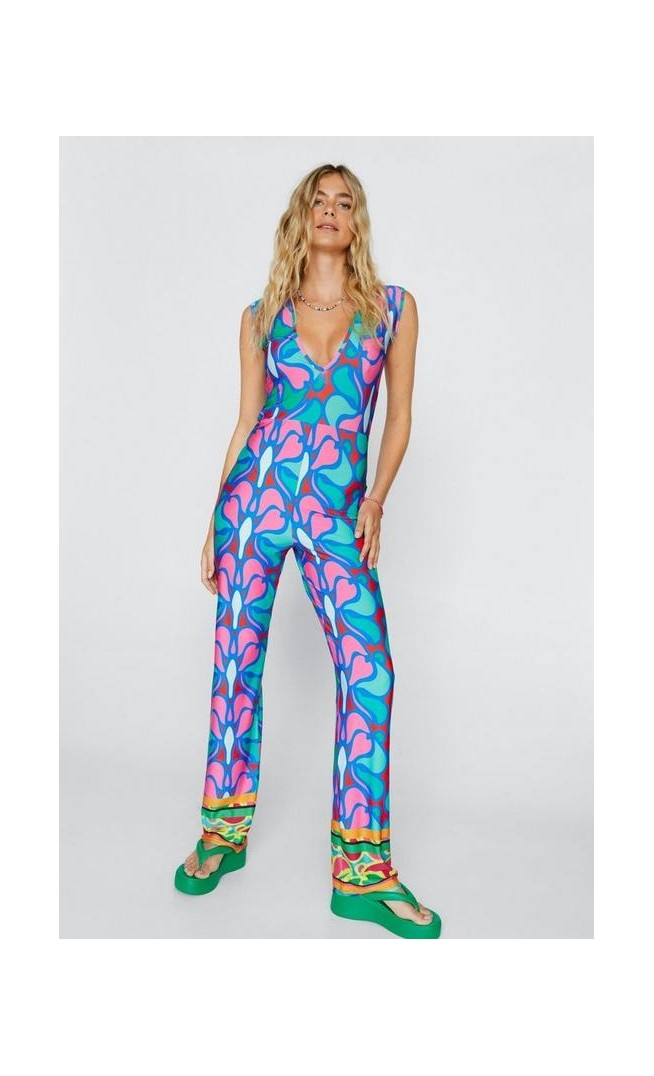 Abstract Border Print V Neck Jumpsuit