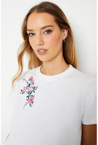 Floral Embroidered Gathered Sleeve Tshirt