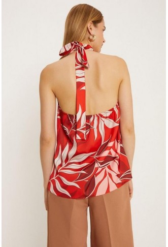 Red Palm Print Satin Halter Top