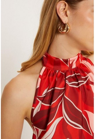 Red Palm Print Satin Halter Top