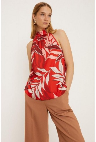 Red Palm Print Satin Halter...