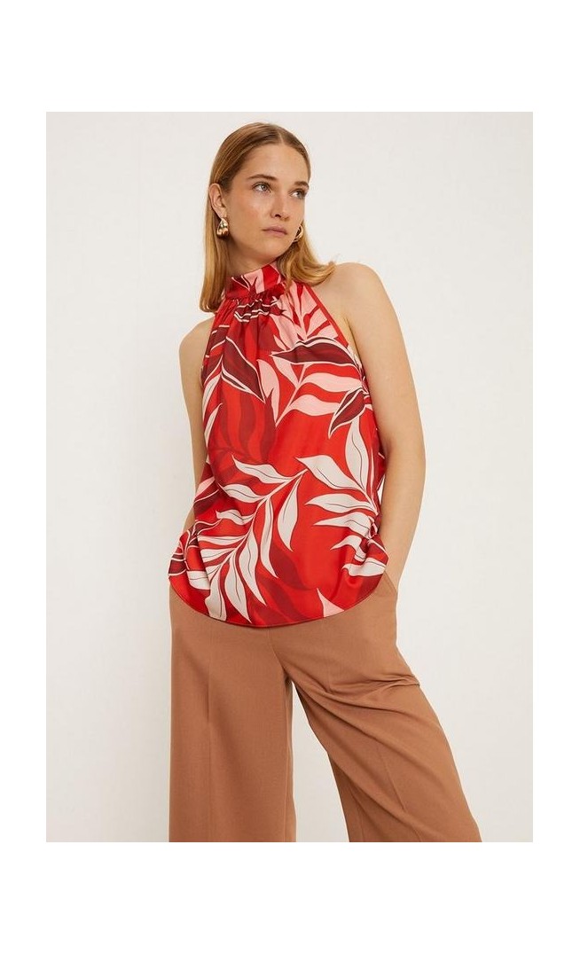 Red Palm Print Satin Halter Top