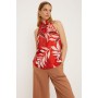 Red Palm Print Satin Halter Top