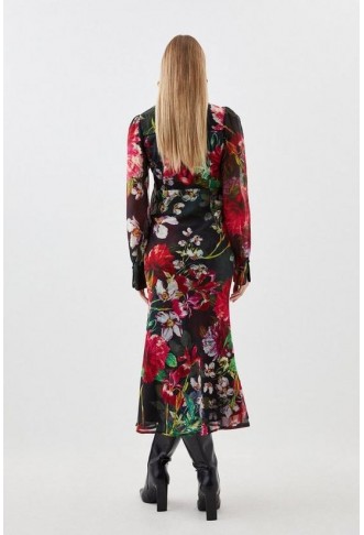 Garden Floral Printed Georgette Belted Woven Maxi Dress