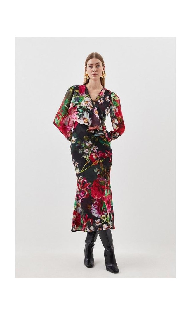 Garden Floral Printed Georgette Belted Woven Maxi Dress