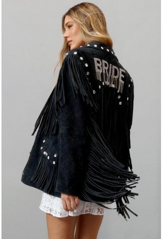 Real Suede Bridal Embellished Fringe Jacket