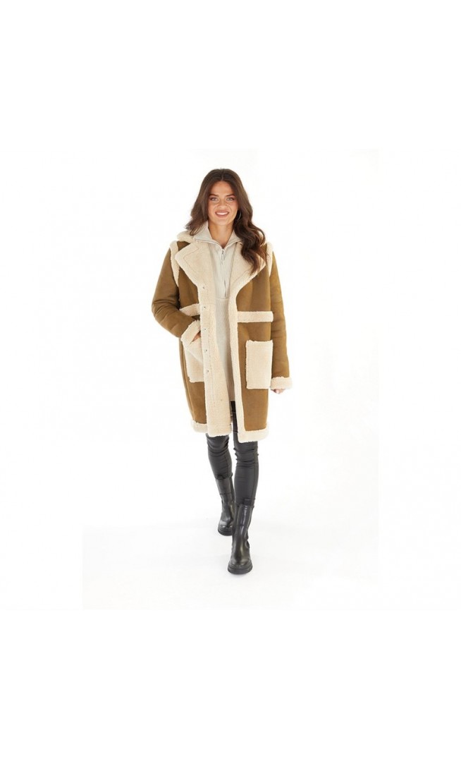 Brave Soul Womens Amalfi Shearling Coat Tan