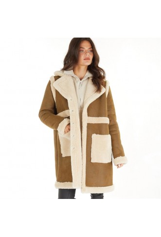 Brave Soul Womens Amalfi Shearling Coat Tan