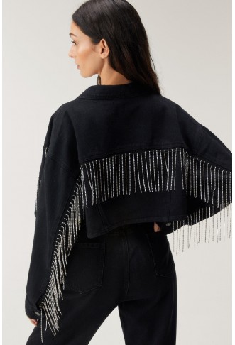 EMBELLISHED FRINGE TRIM CROPPED DENIM JACKET