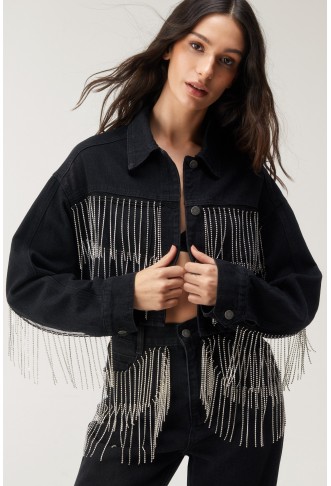 EMBELLISHED FRINGE TRIM CROPPED DENIM JACKET